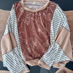 Haptics Women's Floral and Striped Boho Mixed Media Long Sleeve Top -